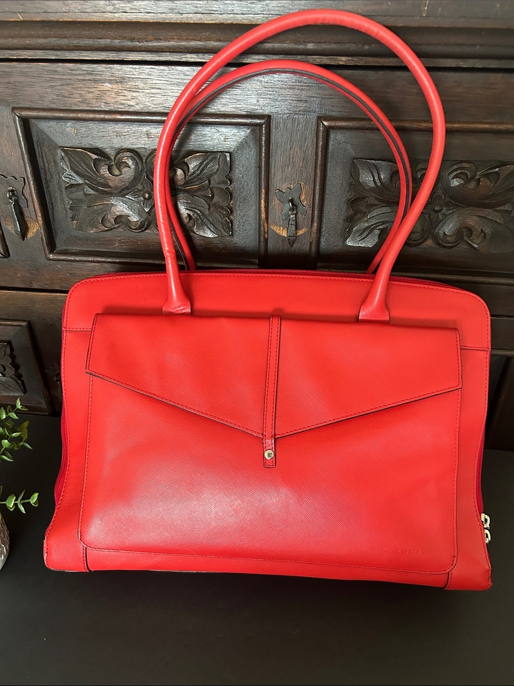 Lodis Red Leather Envelope-Front Tote